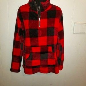 Buffalo Plaid Red and Black Quarter Zip Pullover Fleece Super Soft Fits Like M